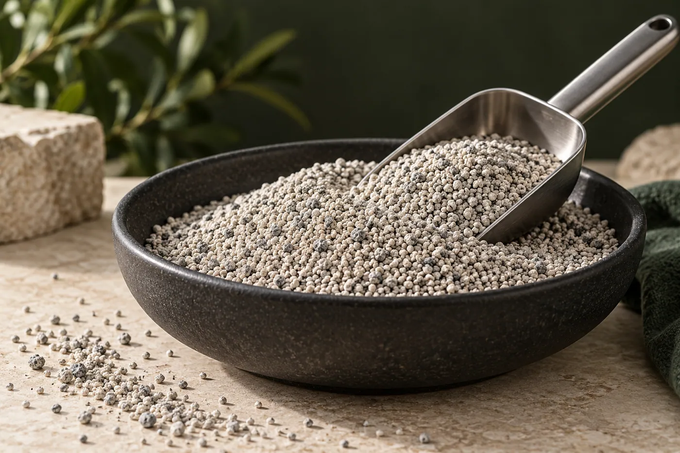 Rounded grey bentonite granules in a ceramic dish with a scoop