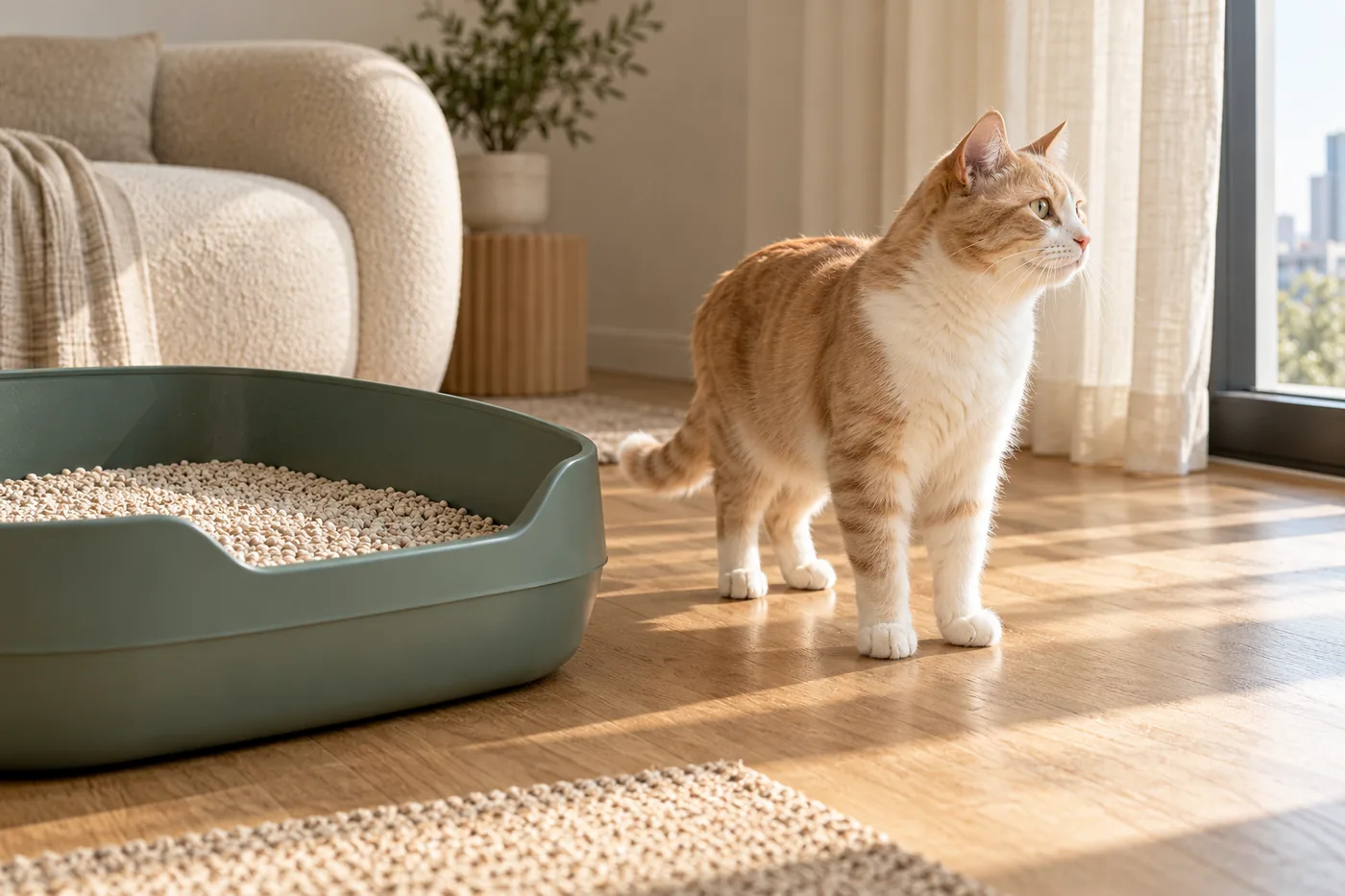 A ginger and cream cat beside a sage litter tray in a sunlit home