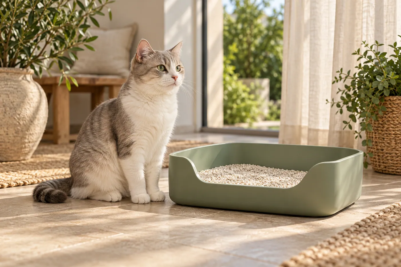 A cat beside a sage litter tray in a calm home setting