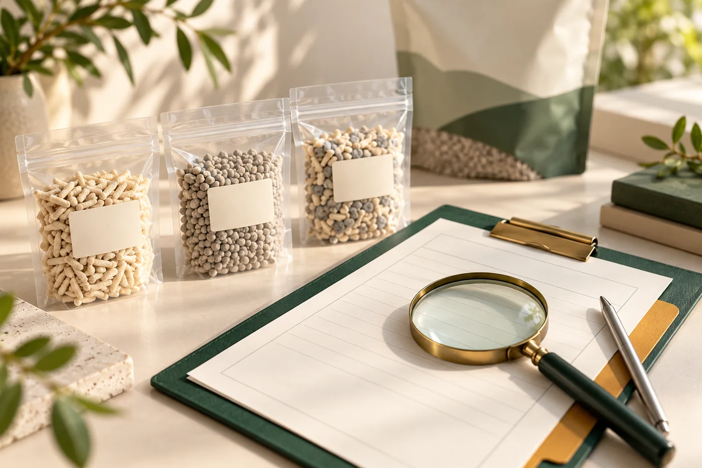 Editorial document-review setup with three litter samples, blank labels and a clipboard