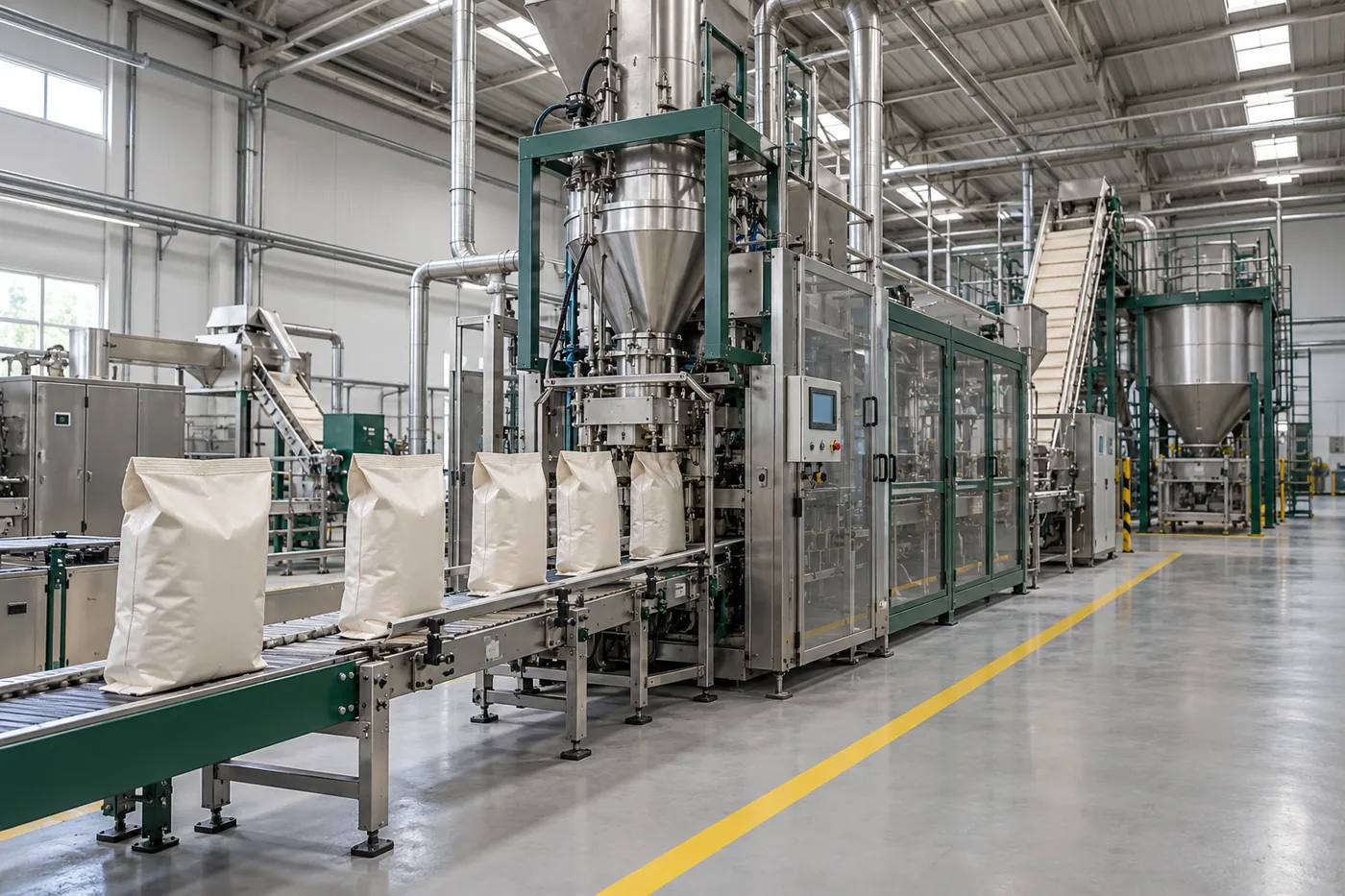 Cat litter packing hall concept with filling equipment and unbranded sacks