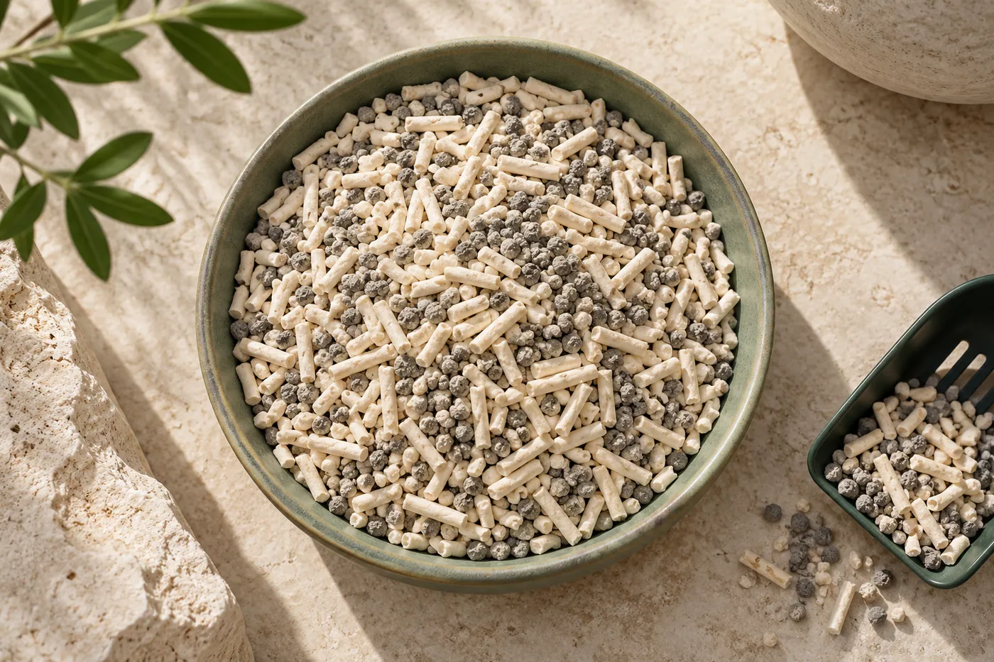 A blend of ivory litter pellets and grey clay granules