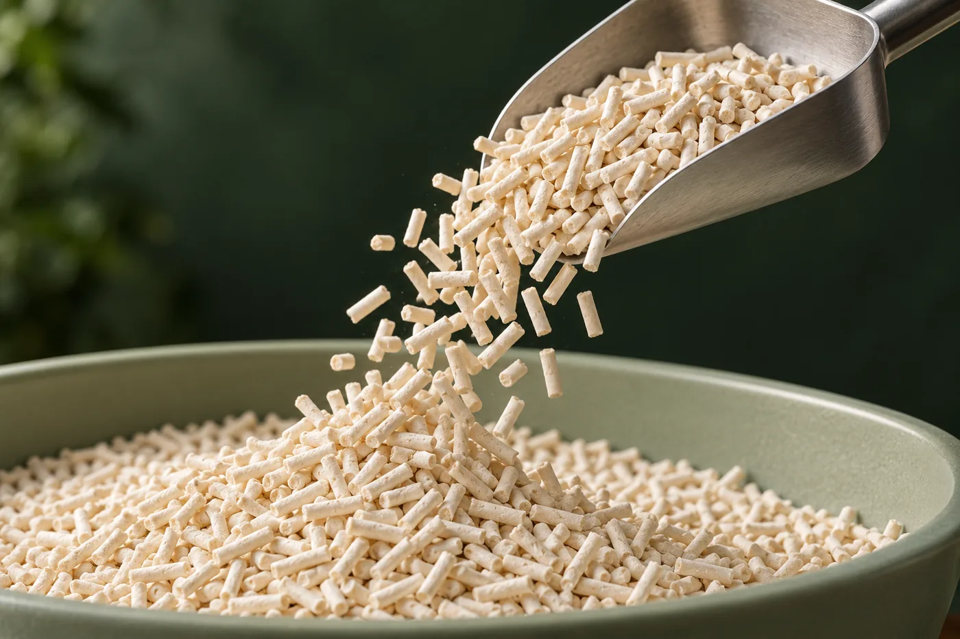 Ivory litter pellets falling from a metal scoop into a sage tray