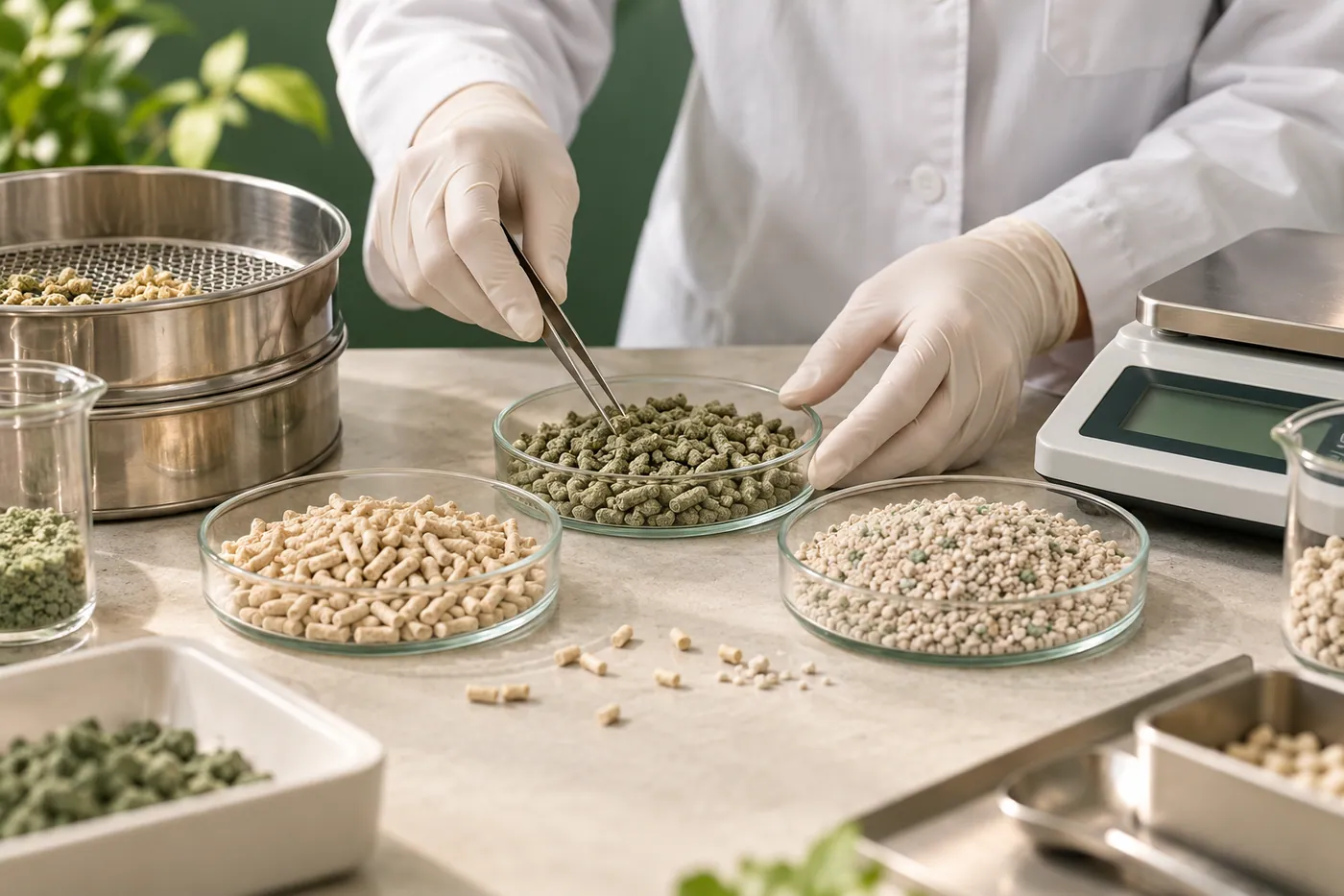 Sample-evaluation bench with sample dishes, sieve and balance