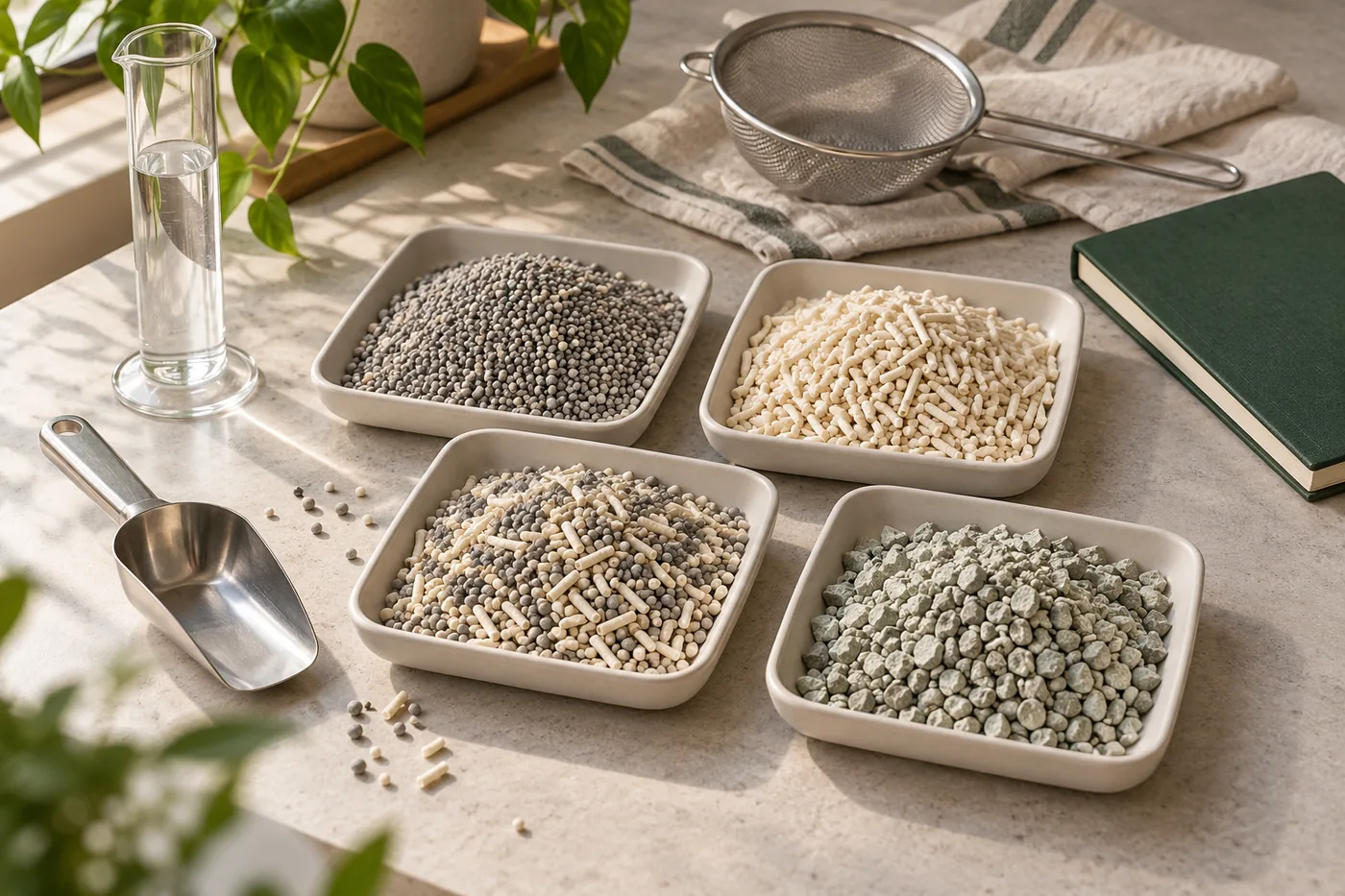 Editorial setup showing four cat litter sample trays, a scoop, a sieve and a liquid cylinder