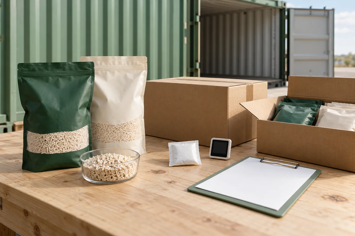 Editorial packing setup with sealed litter pouches, cartons, a moisture absorber and a blank-screen logger beside a shipping container