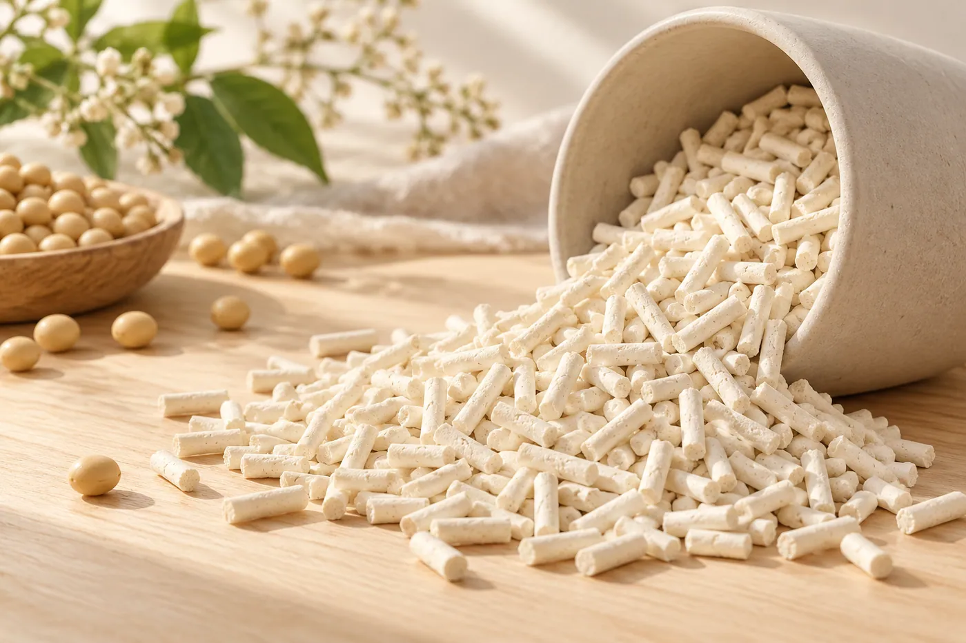 Ivory cylindrical plant-based litter pellets on a pale wood surface